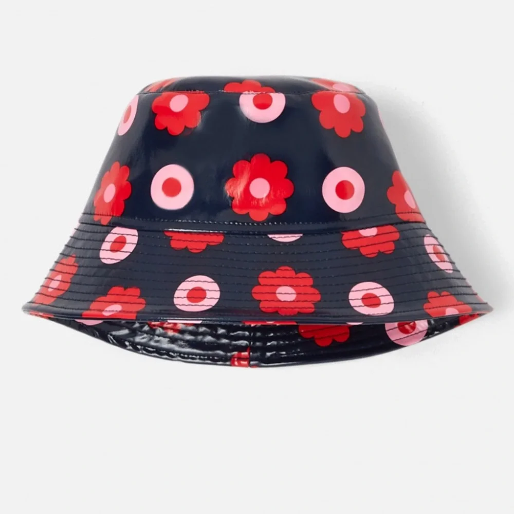 Jacadi Navy Bucket Hat with Red Flowers and Pink Circles
